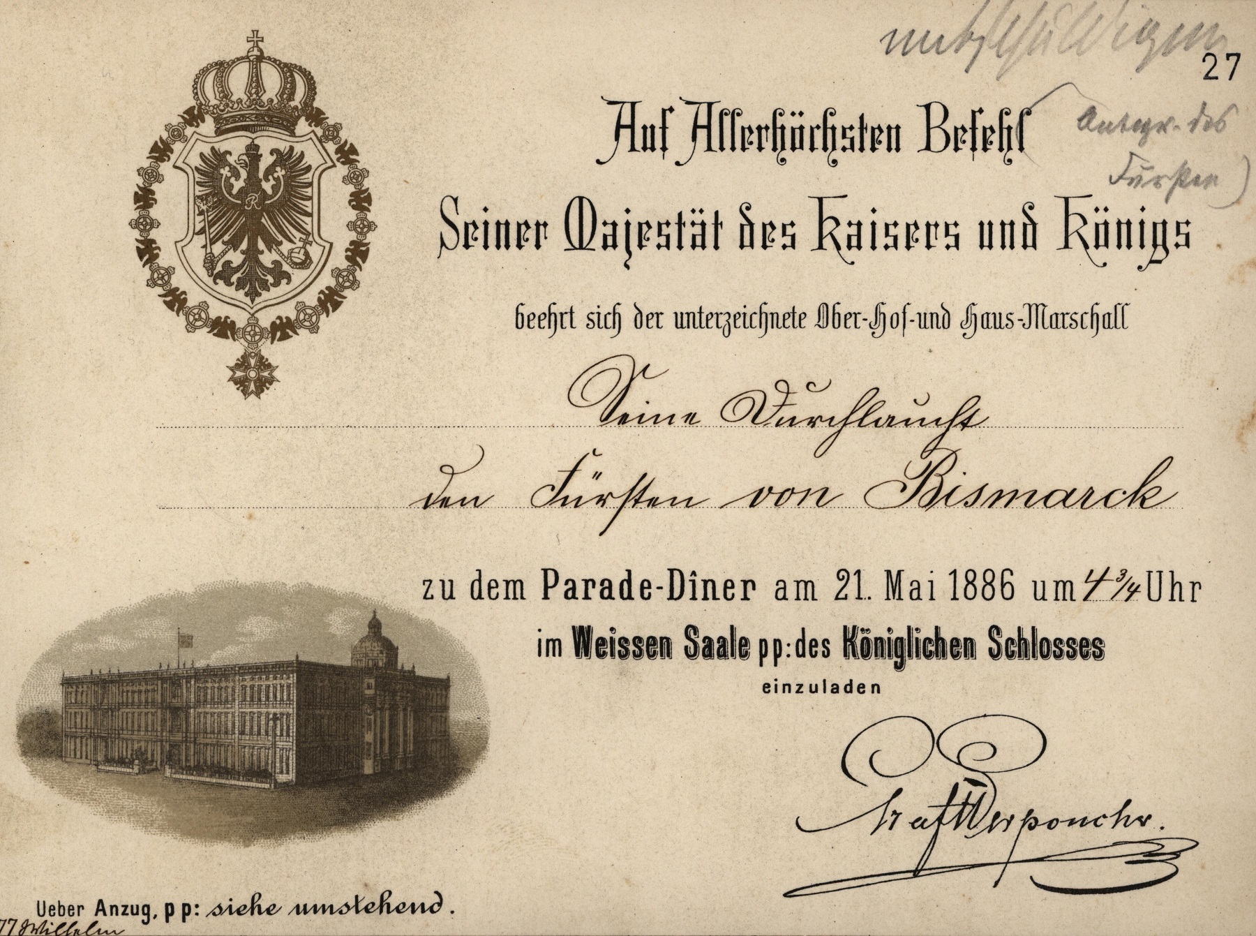 1886 Einladung ParadeDiner Vorderseite